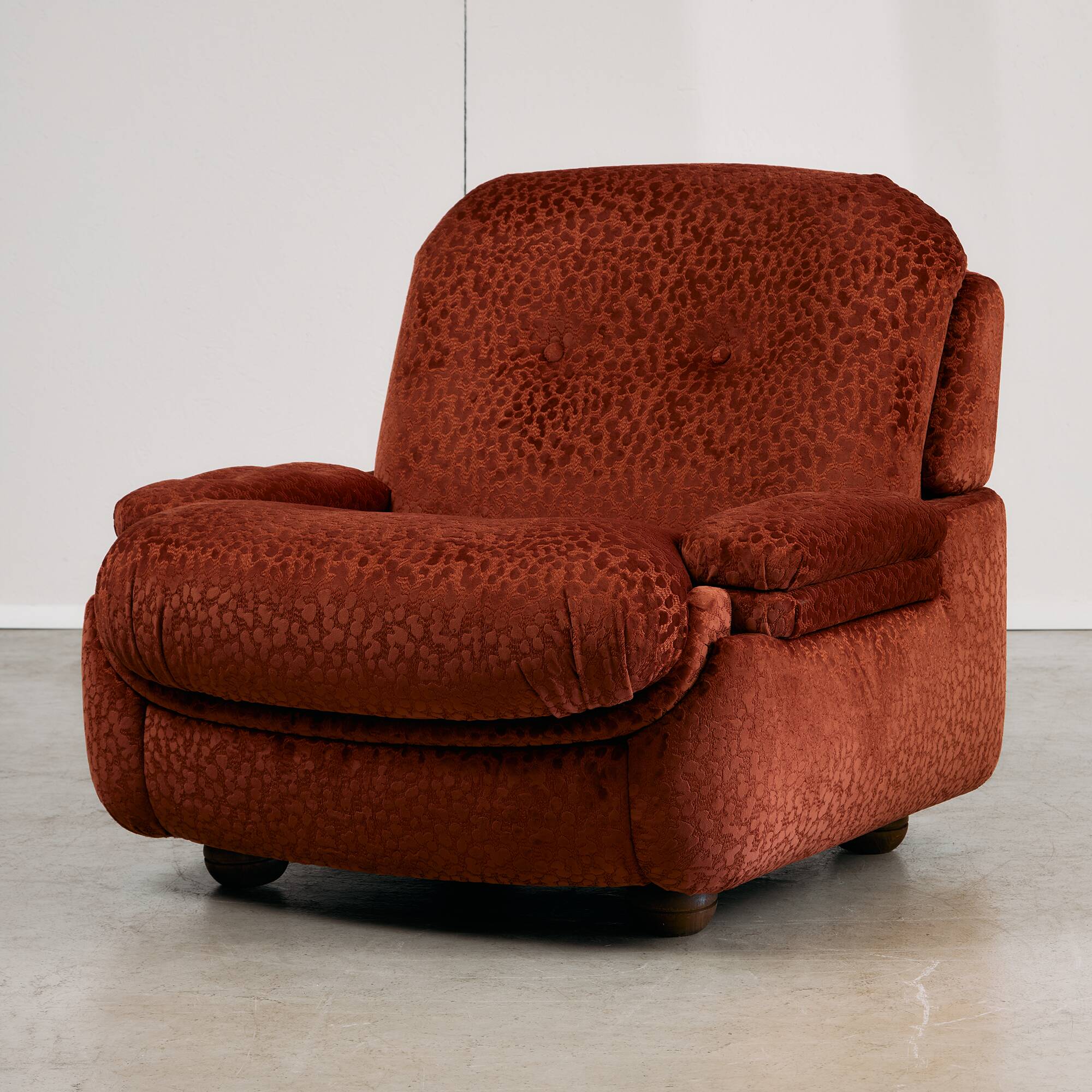 Velvet Armchair with Rounded Wooden Legs, 1970s