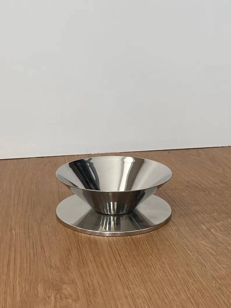 Vintage conical bowl in stainless steel, metal platter with a futuristic style, sculptural serving bowl Mid-Century Modern.