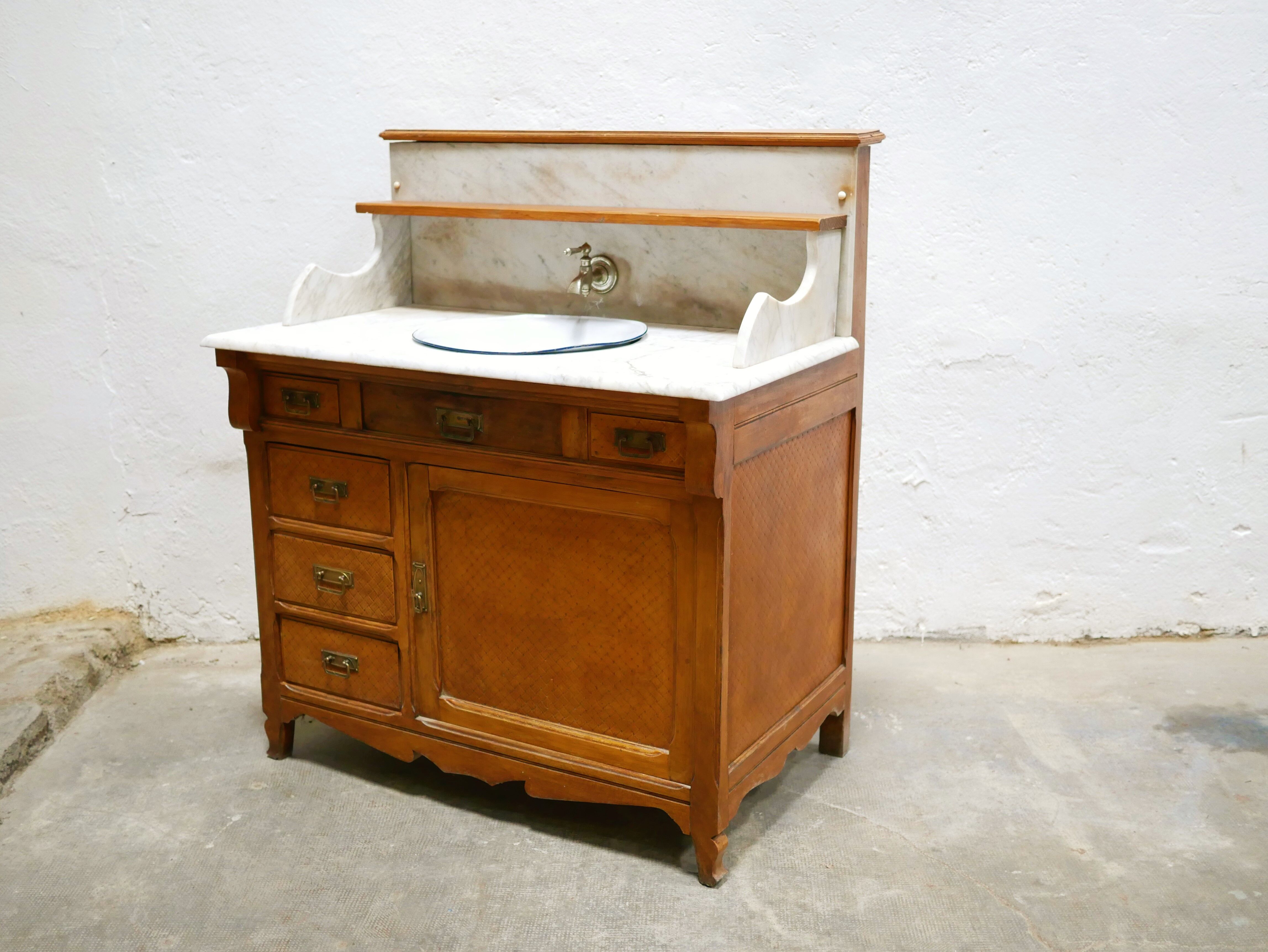 Antique washbasin cabinet in marble and wood