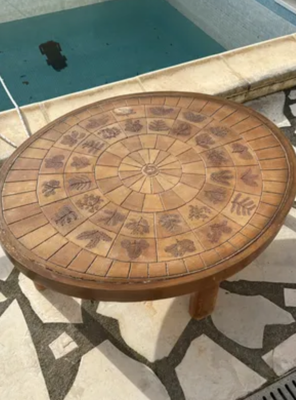 Table basse ovale vintage “Herbier” céramique 70’