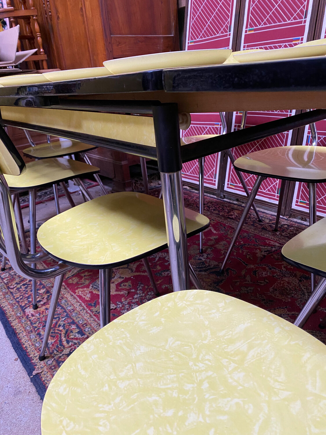 Roger Breton yellow formica set for Tublac, table, 6 chairs, 2 stools, 60s