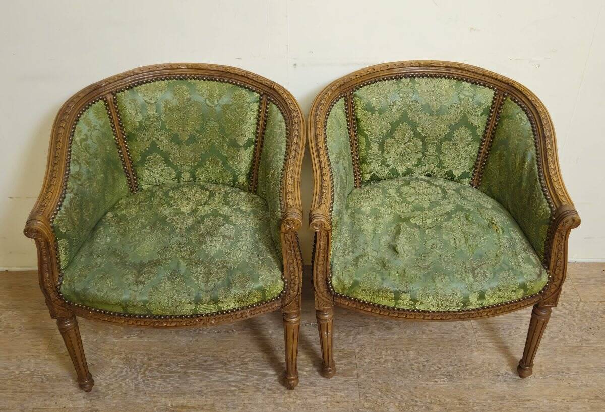 Pair of antique armchairs in Louis XVI style – green damask fabric