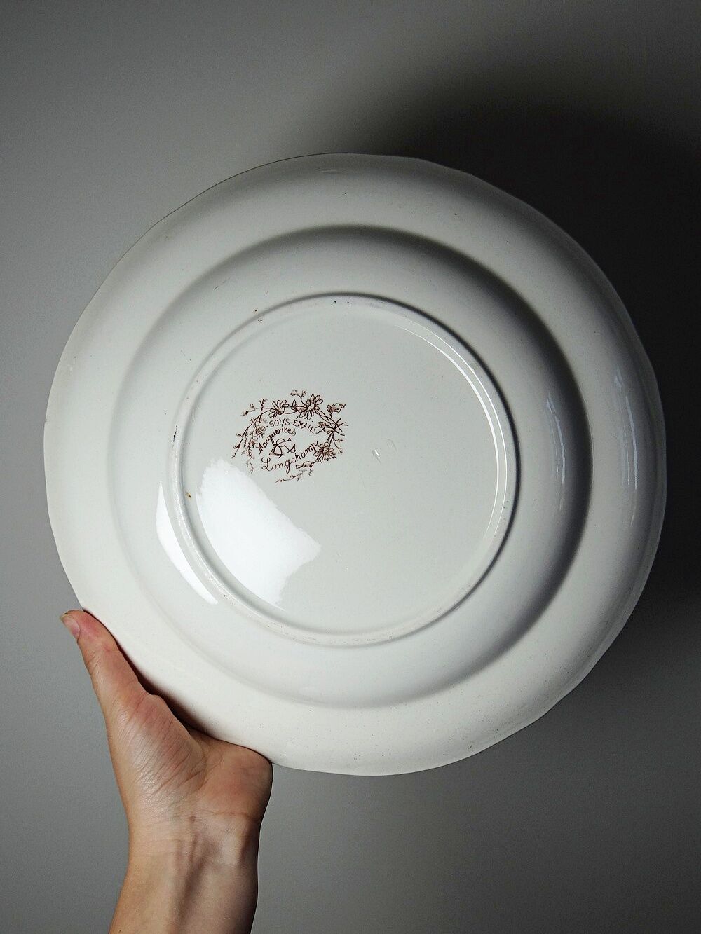Antique Longchamp shallow dish with polychrome daisies in ironstone.