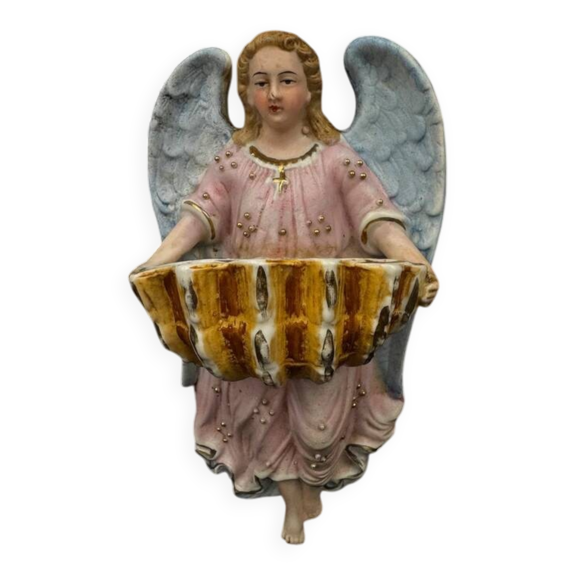 19th century polychrome plaster angel wall stoup