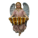 19th century polychrome plaster angel wall stoup
