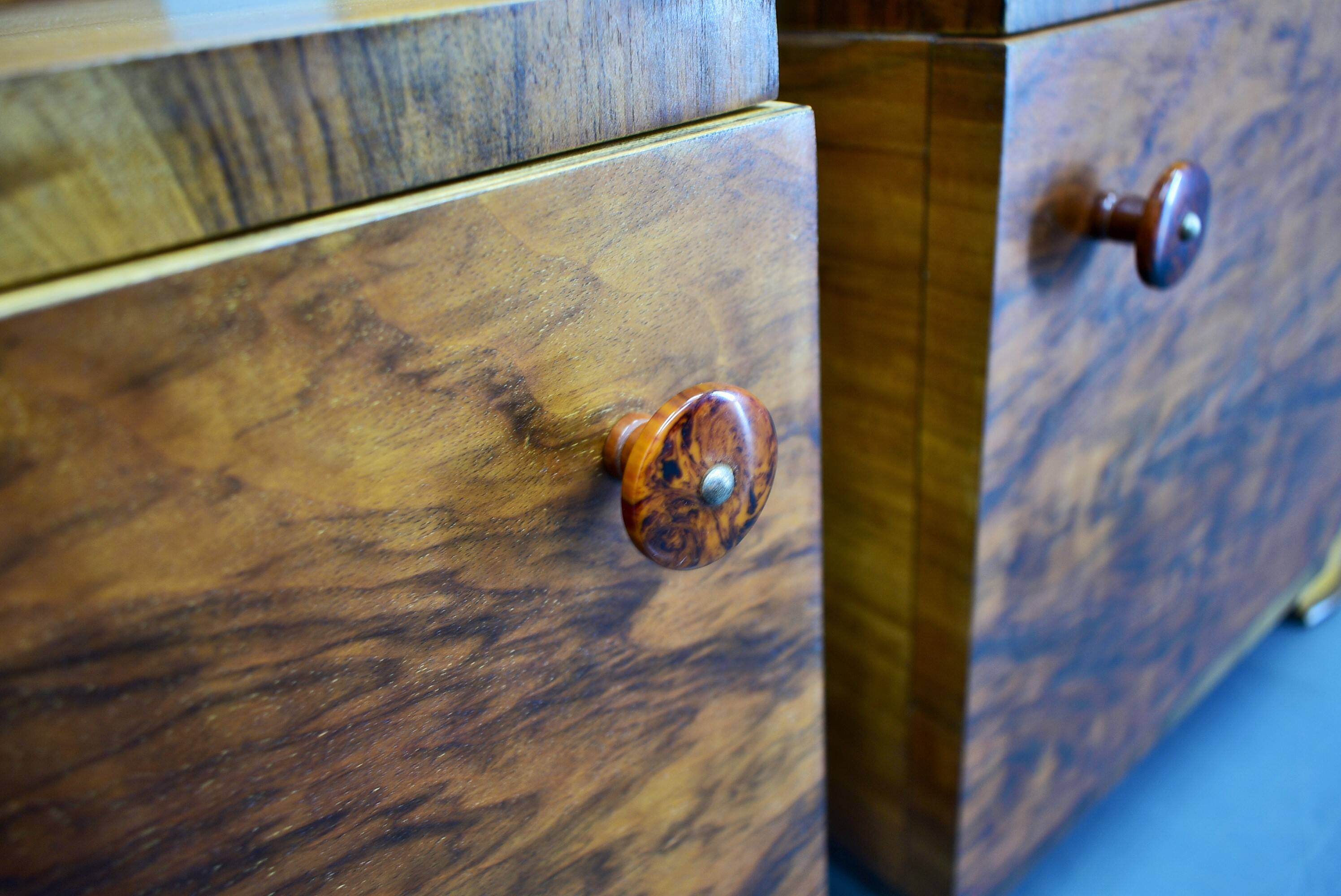 1930s Art Deco nightstands in walnut finish, Czechoslovakia