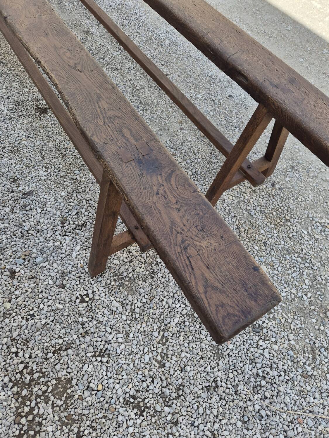 Pair of rustic solid oak farm benches 19th century - 2m90
