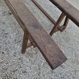 Pair of rustic solid oak farm benches 19th century - 2m90