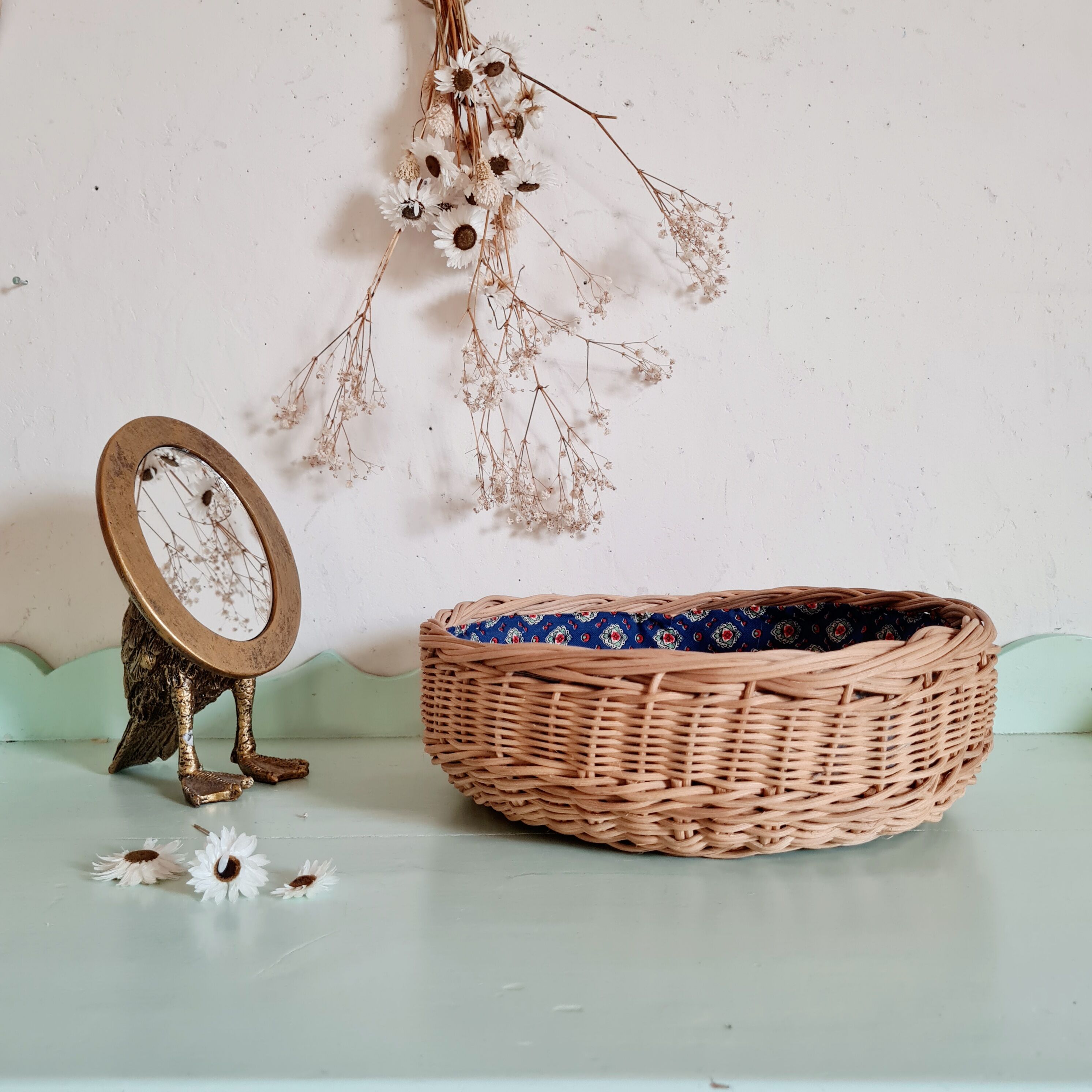 Vintage rattan basket interior liberty fabric