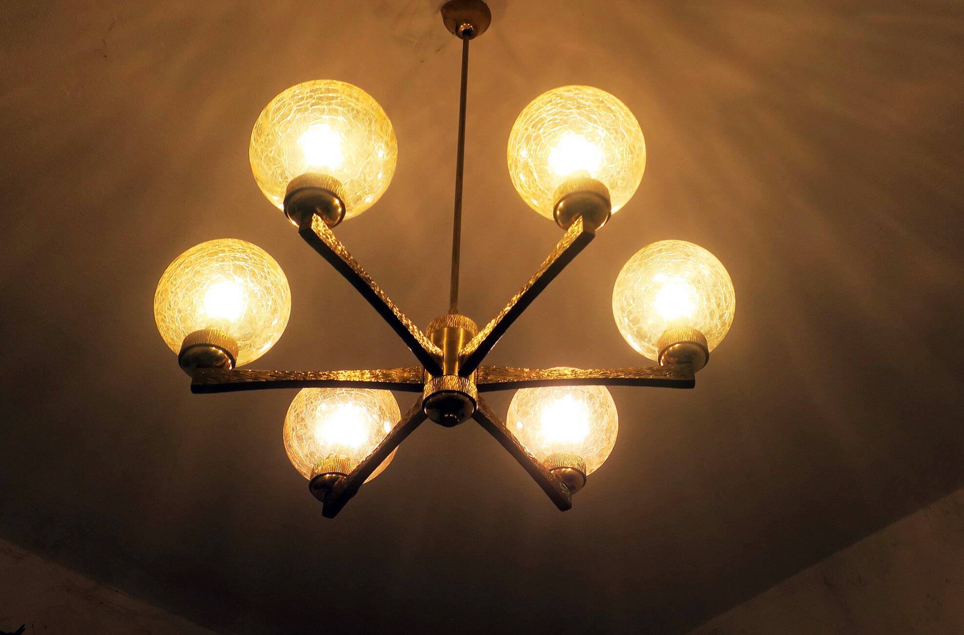 Angelo Brotto gold-plated brass chandelier with 6 globes, Italy 1960s