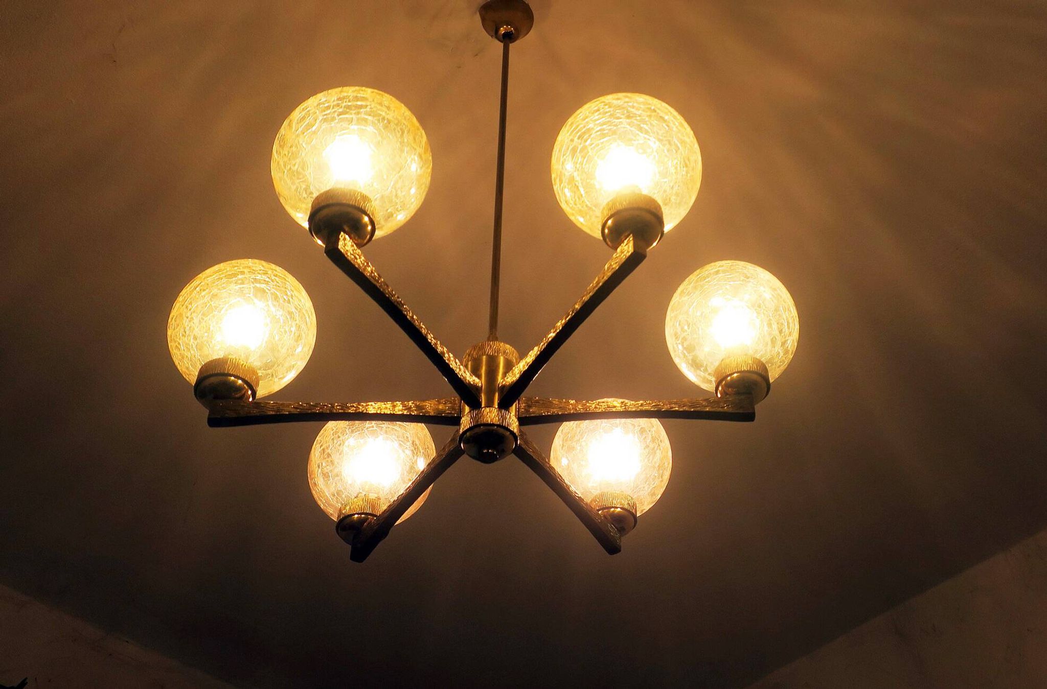 Angelo Brotto gold-plated brass chandelier with 6 globes, Italy 1960s