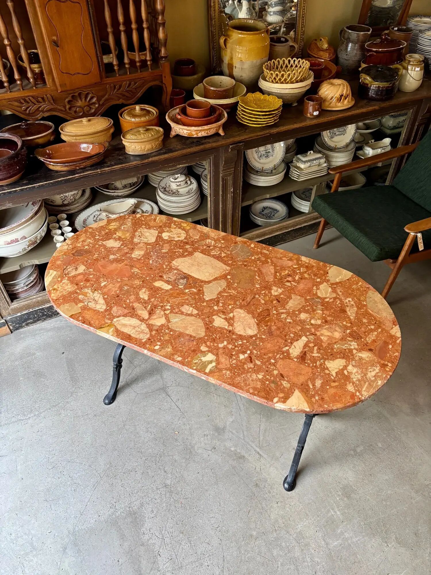 Oblong bistro table in Caunes stone and black cast iron, 120 x 60 cm