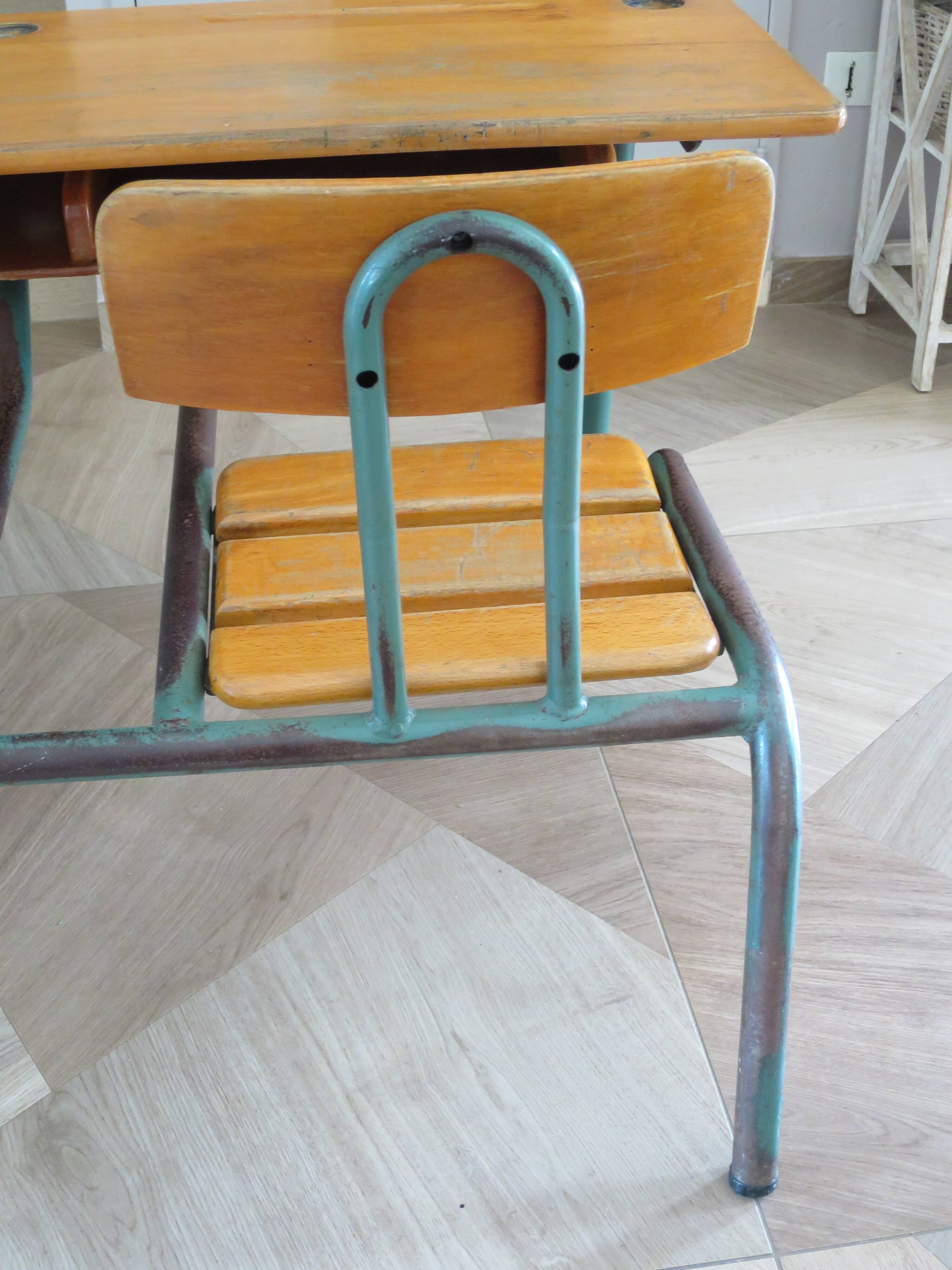 Bureau d’écolier vintage en bois et métal - Bureau double