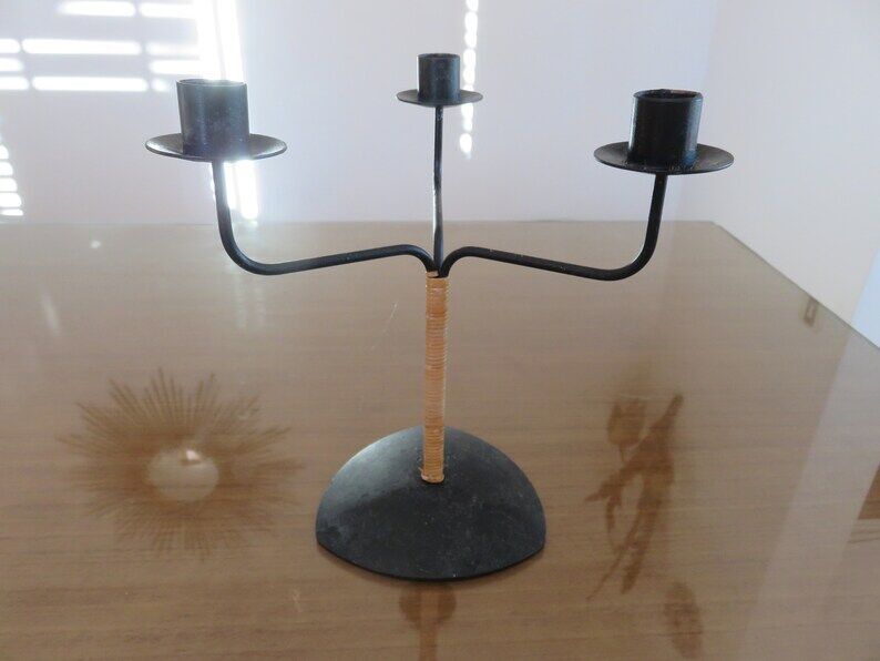 Scandinavian candle holder " LAURIDS LONBORG " metal and rattan 60s