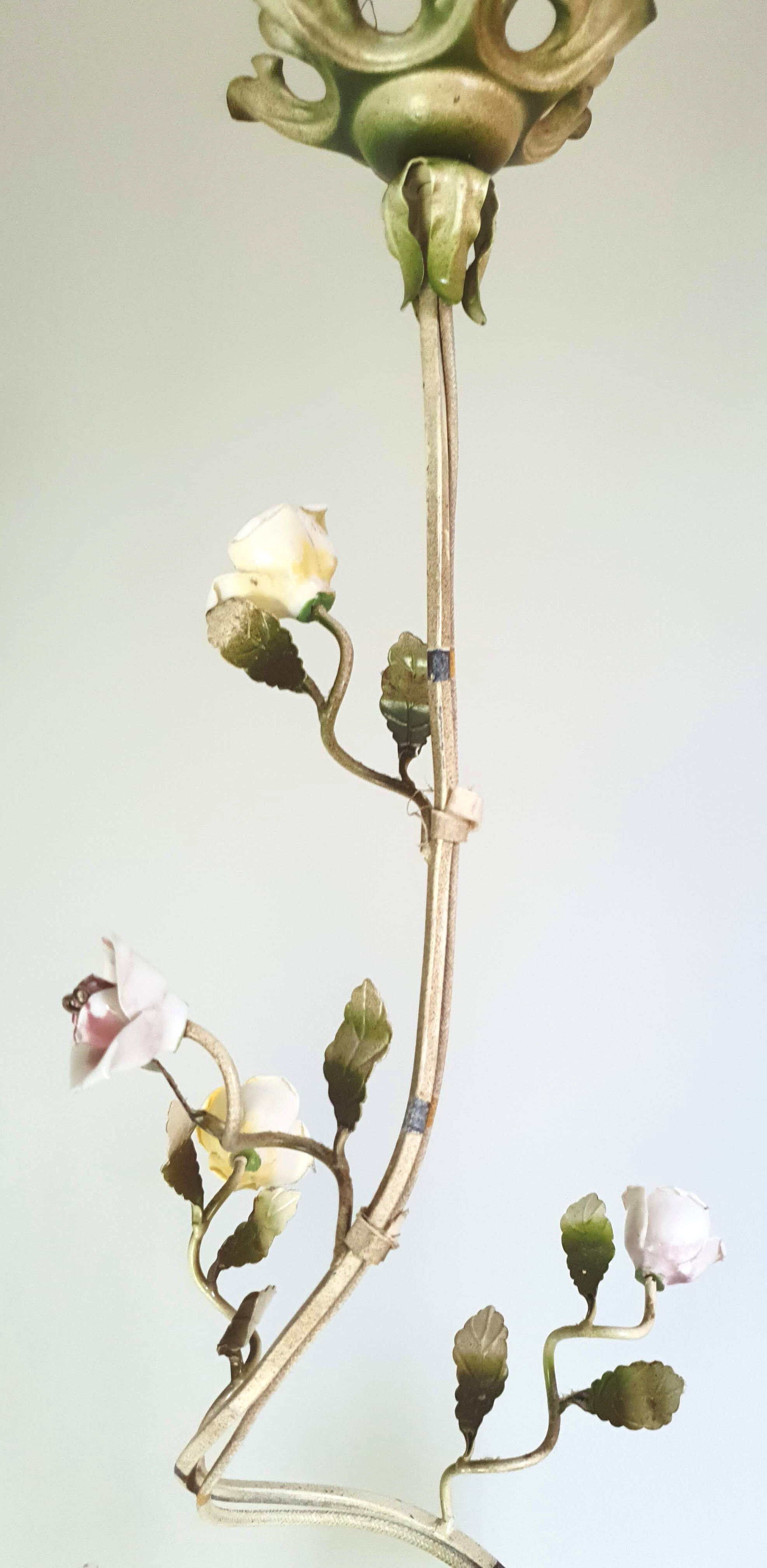 Painted metal chandelier and porcelain flowers