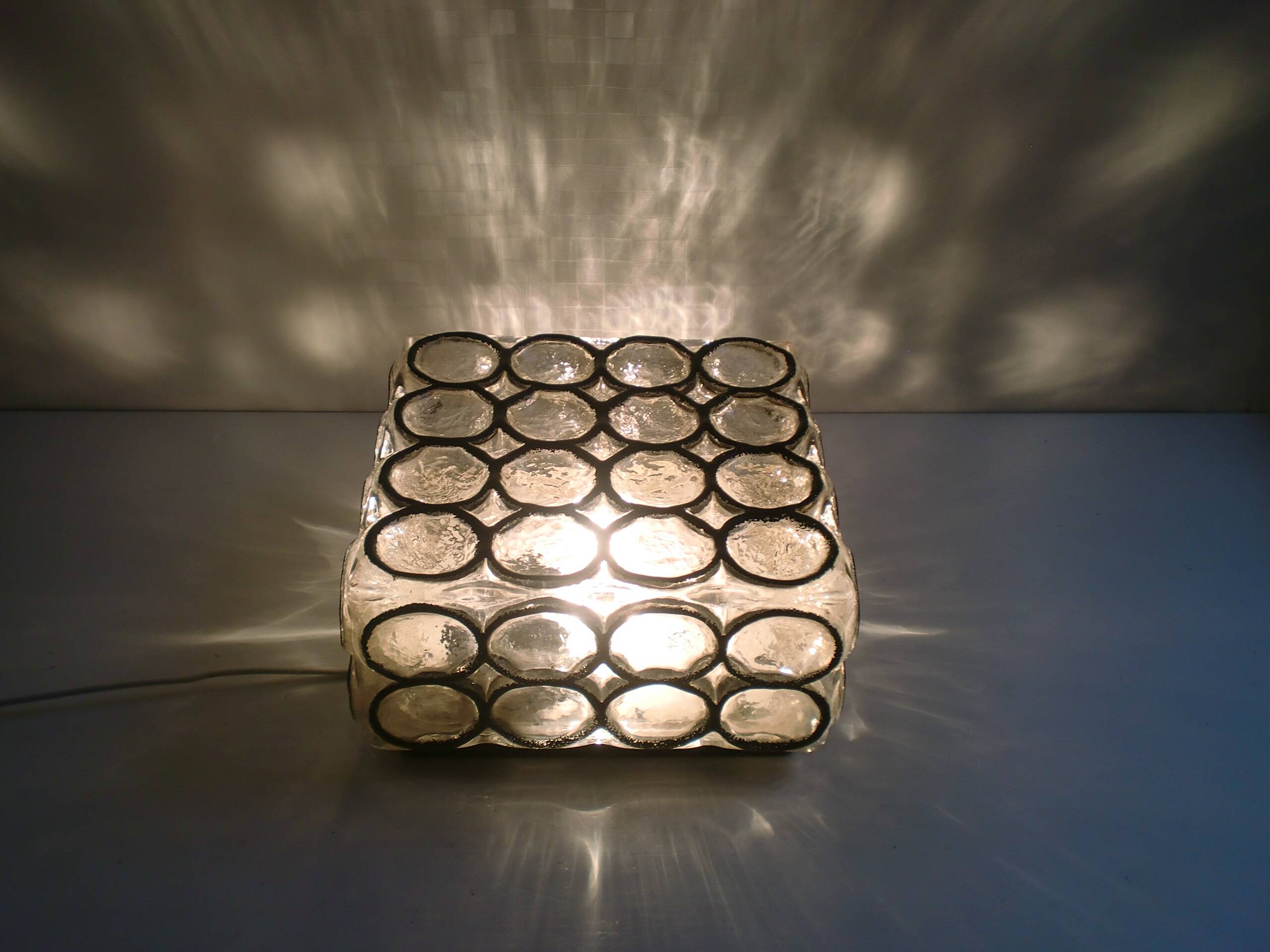 Vintage 1960s German iron ring glass ceiling lamp by Limburg