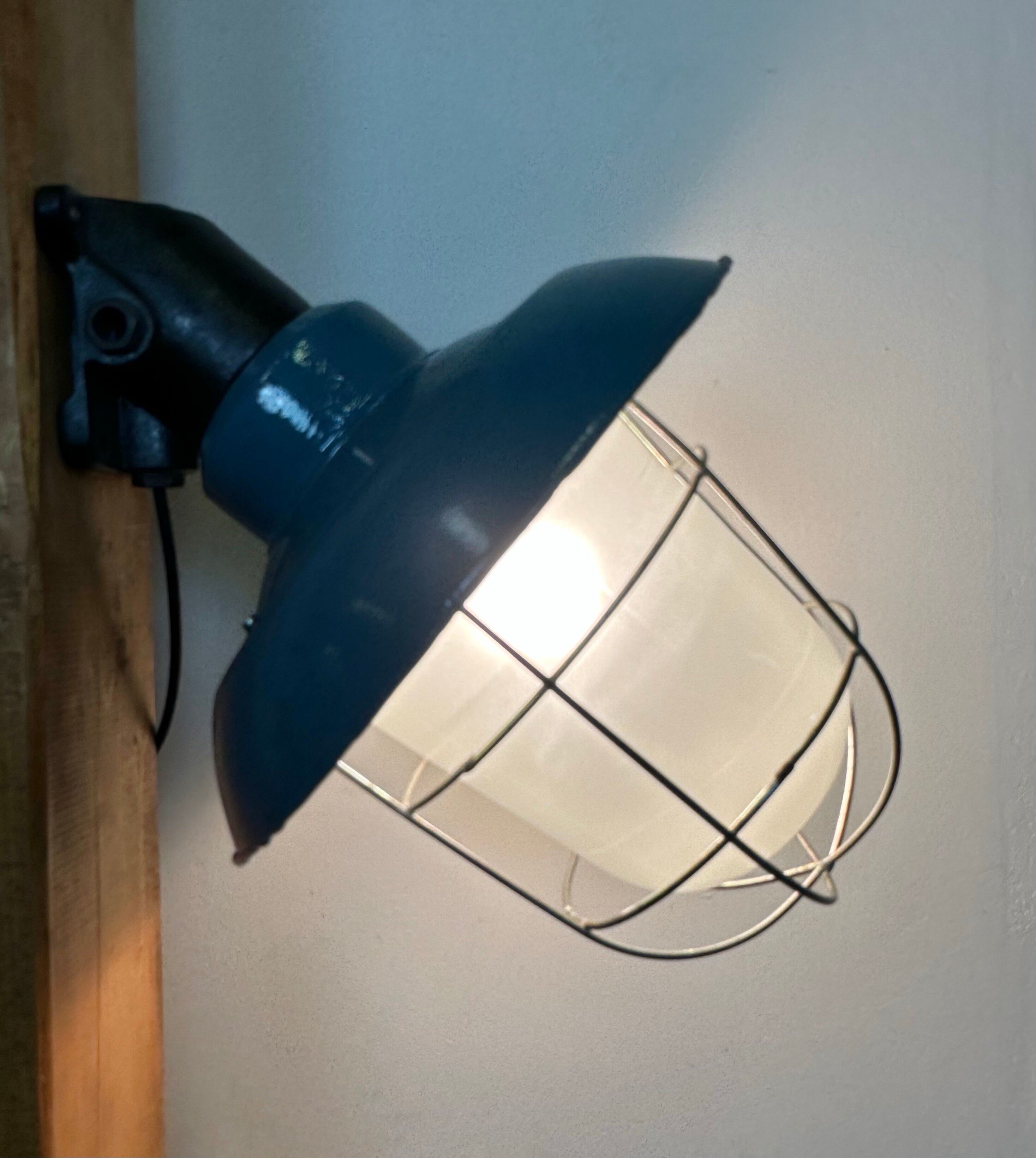 Industrial Blue Painted Factory Wall Cage Lamp from Elektrosvit, 1960s