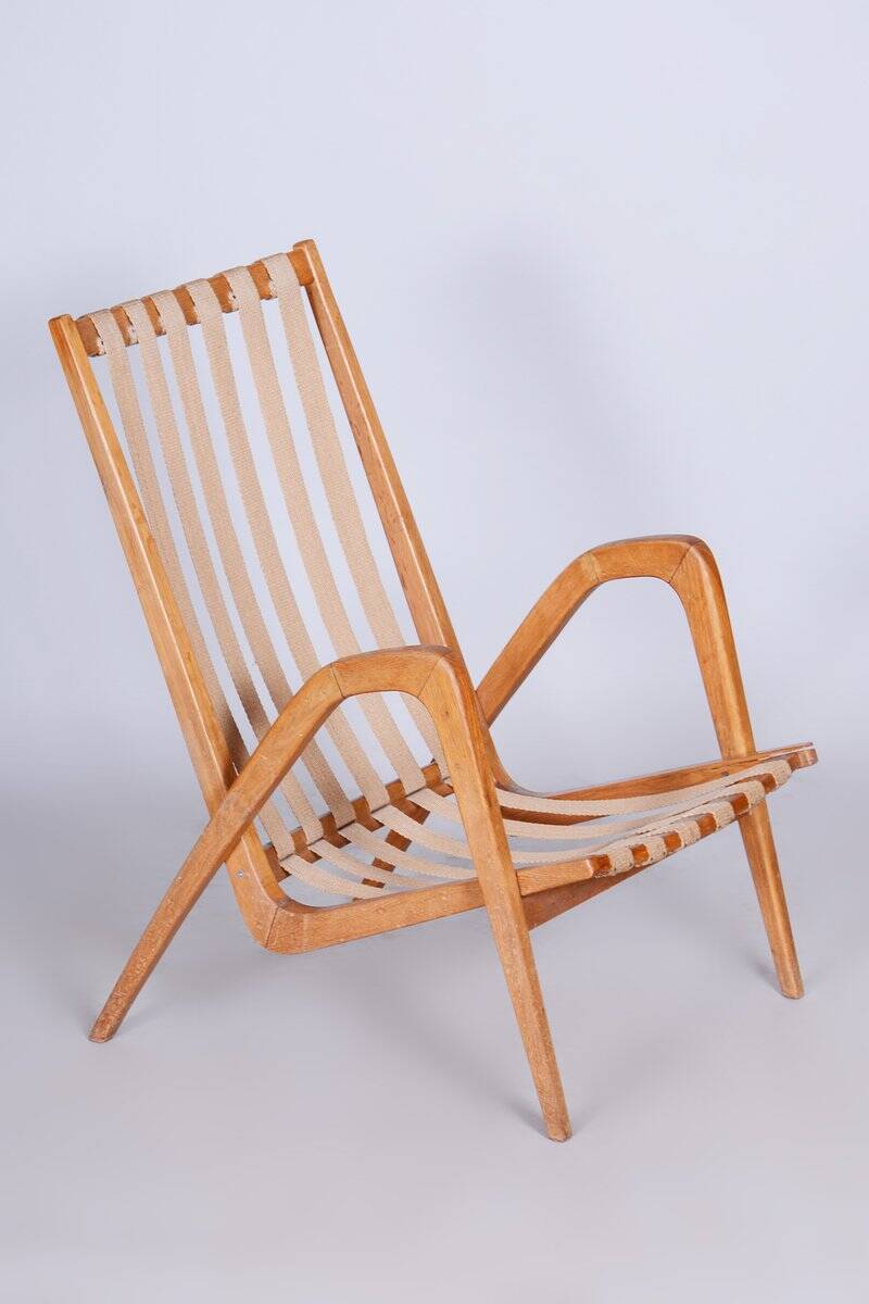 Mid-Century Czech Grey Armchair in Oak attributed to Jan Vanek, 1950s