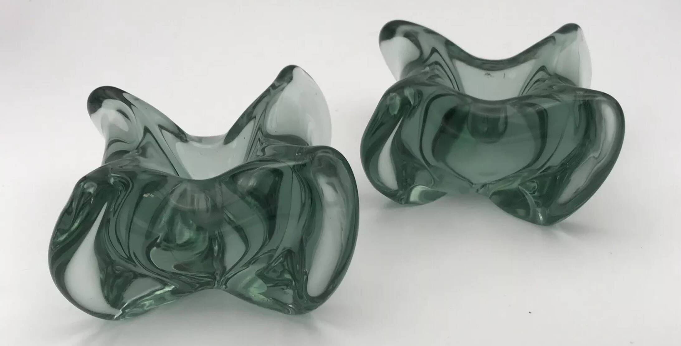 Pair of vintage blue/green tinted glass candlesticks from the 70s