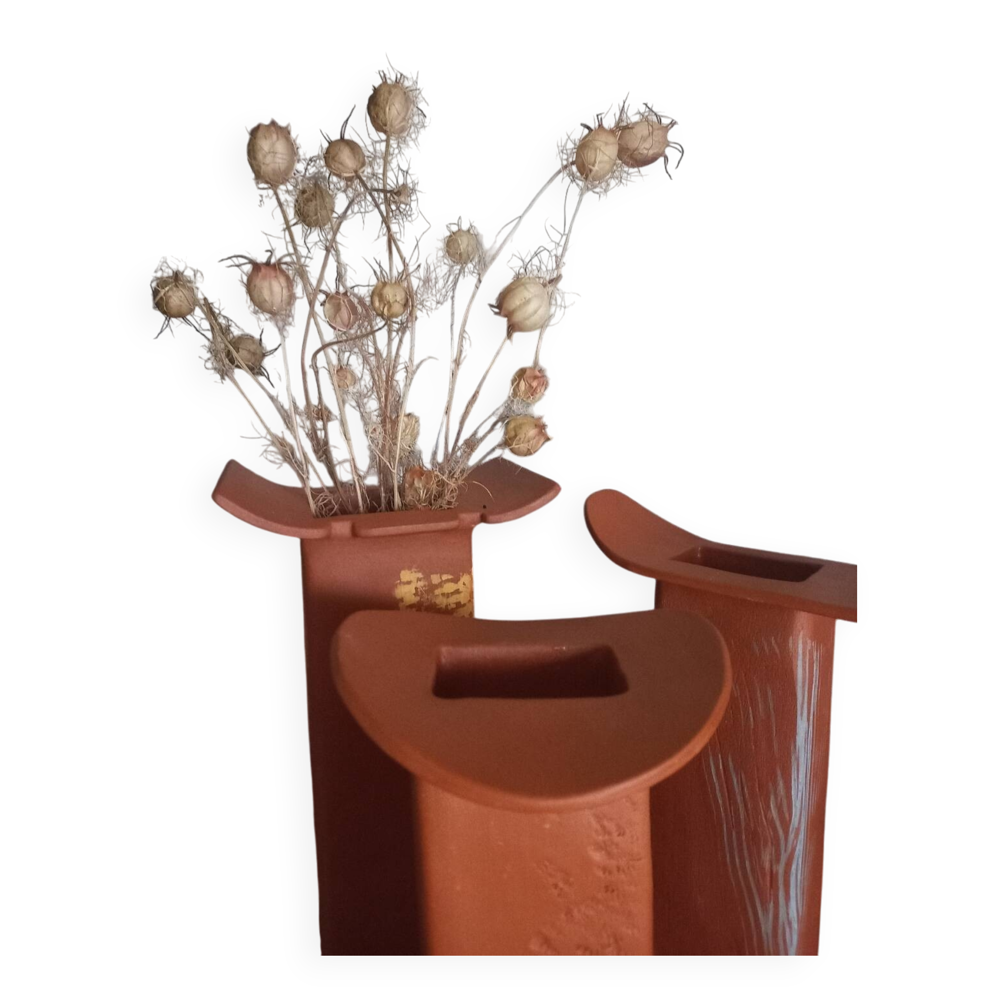 Trio of terracotta vases, unique pieces