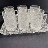 Tray and 6 mugs in blown and molded glass
