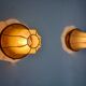 Pair of "cocoon" wall lights, pear shape, resin and pine, Italy, 1970