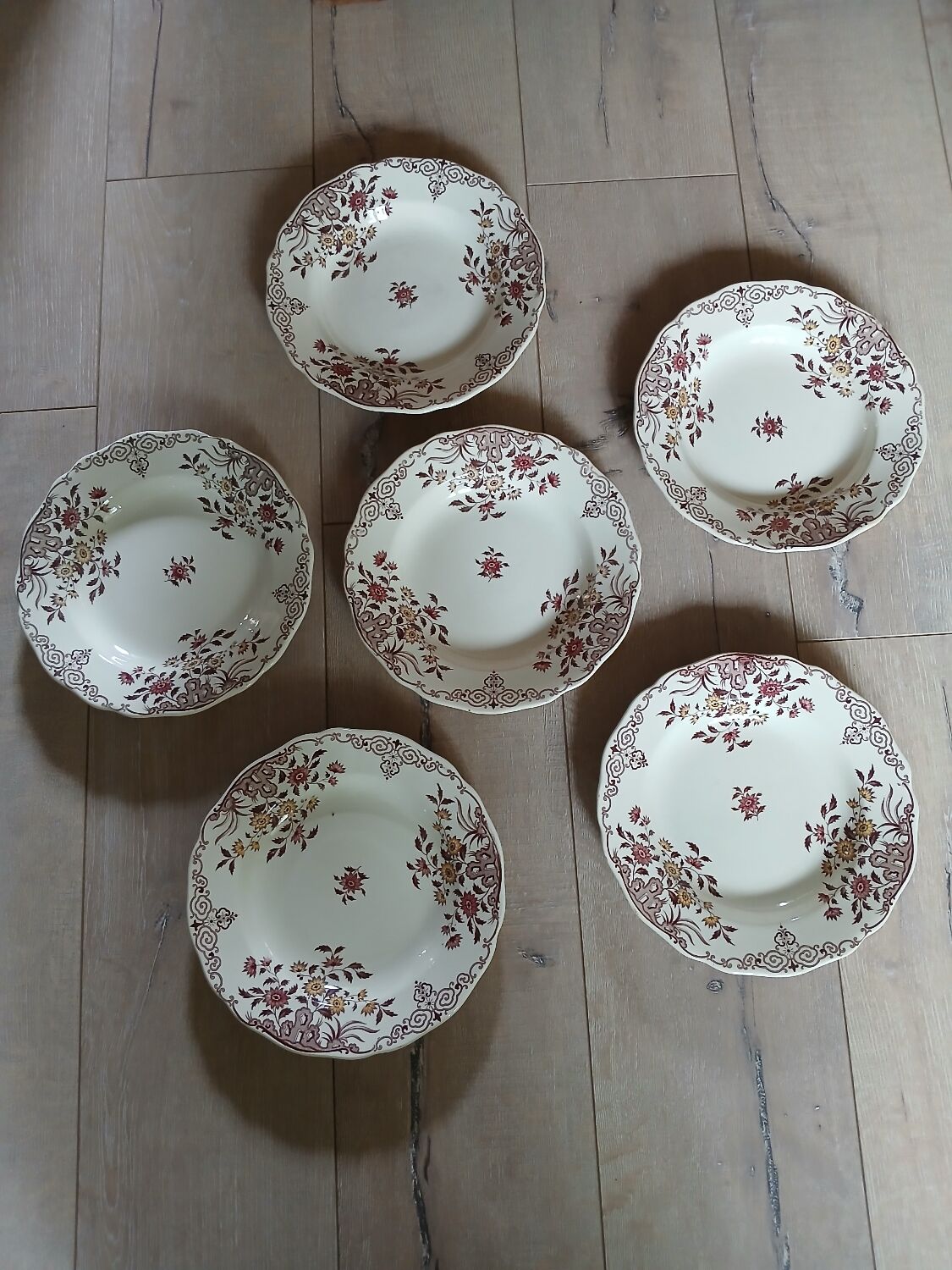 6 polychrome ironstone soup plates