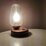 Lampe de table en bois avec capuchon en verre années 80