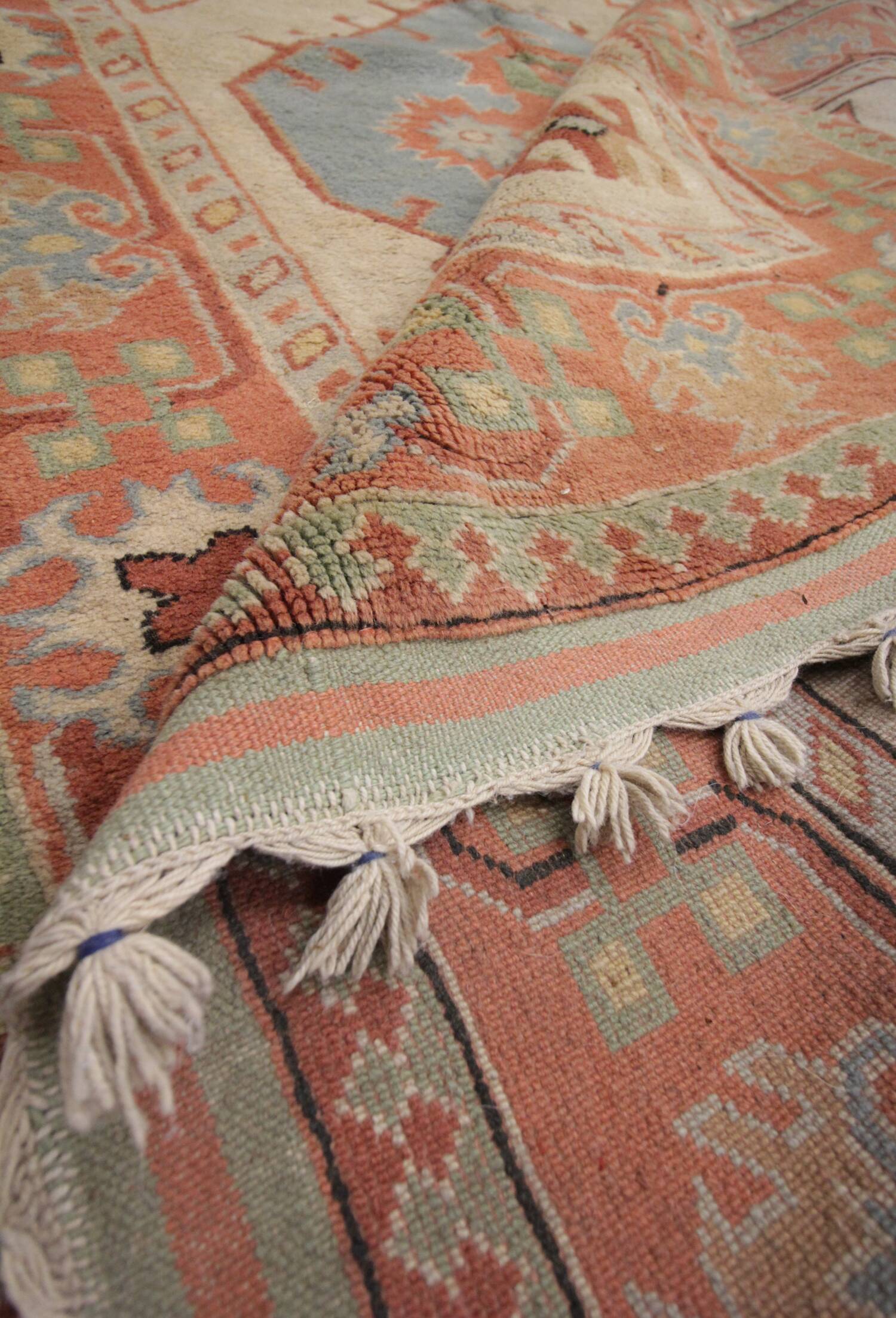 Handmade Rustic Vintage Turkish Rug, Beige & Blue Geometric Rug 220x145 cm