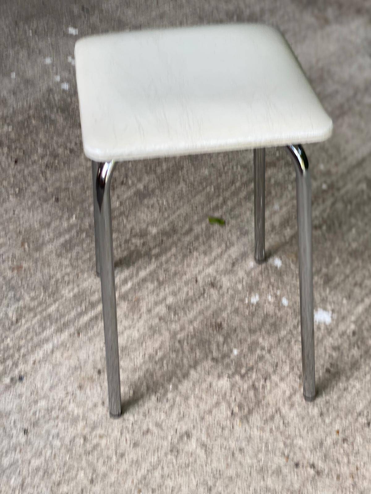 Vintage square steel and white leather stool