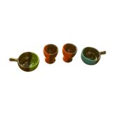Set of two coquetiers and two caquelons in vintage 1950 two-tone ceramic