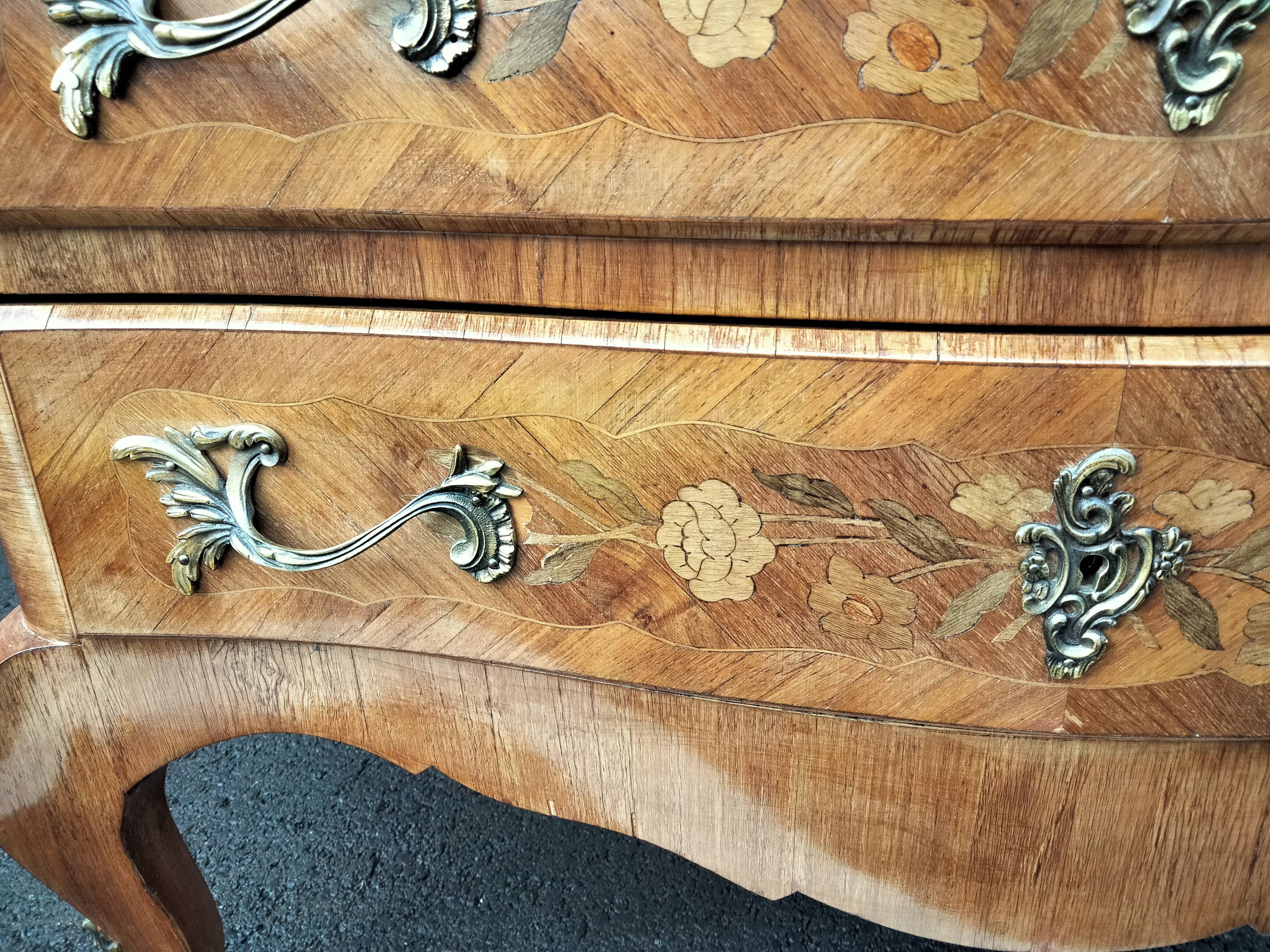 Chest of drawers old marquetry marble top Louis XV style