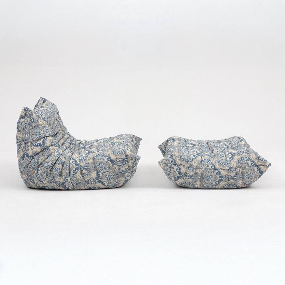 Togo lounge chair and pouf in patterned fabric by Michel Ducaroy for Ligne Roset, 1973, set of 2