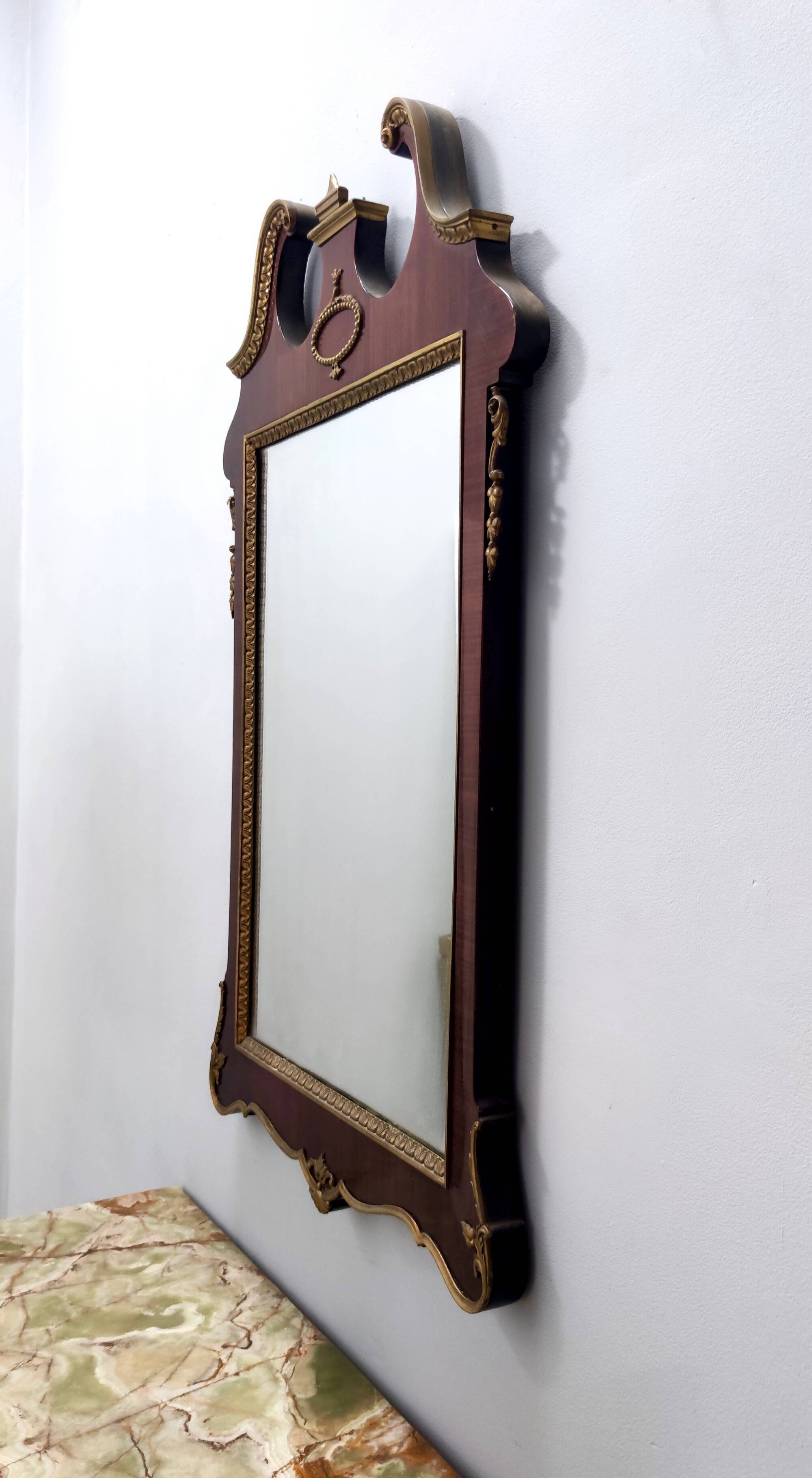 Wall Mirror with Ebonized Beech Frame and Cast Brass Details, Italy