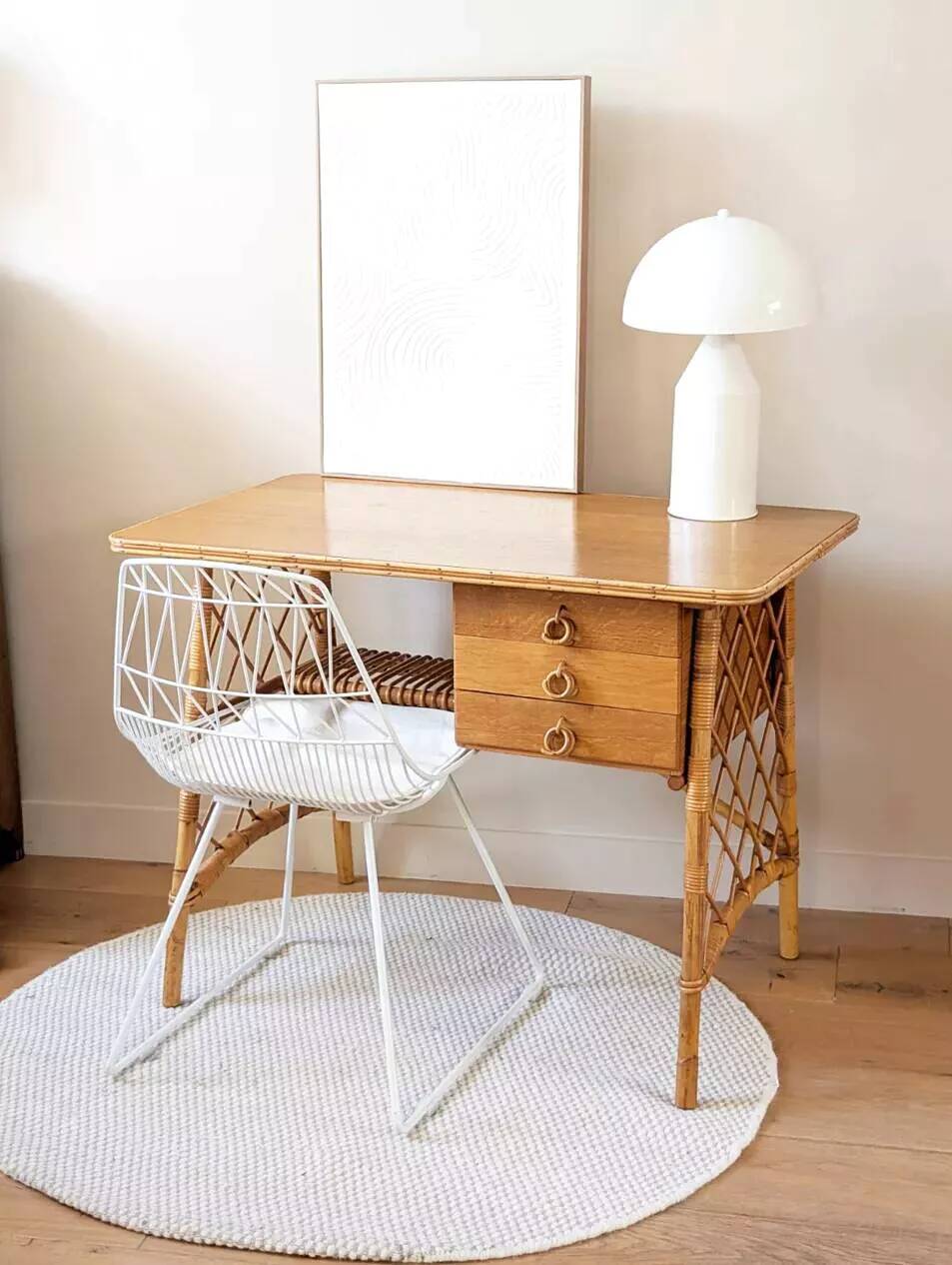 Vintage wood and rattan desk by L. Sognot