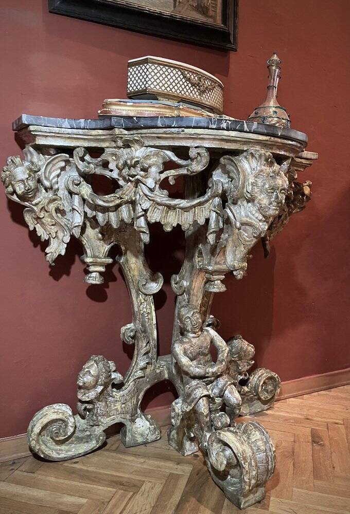 Italian Sculptural Silver Mecca Gilding Console Tables, Set of 2
