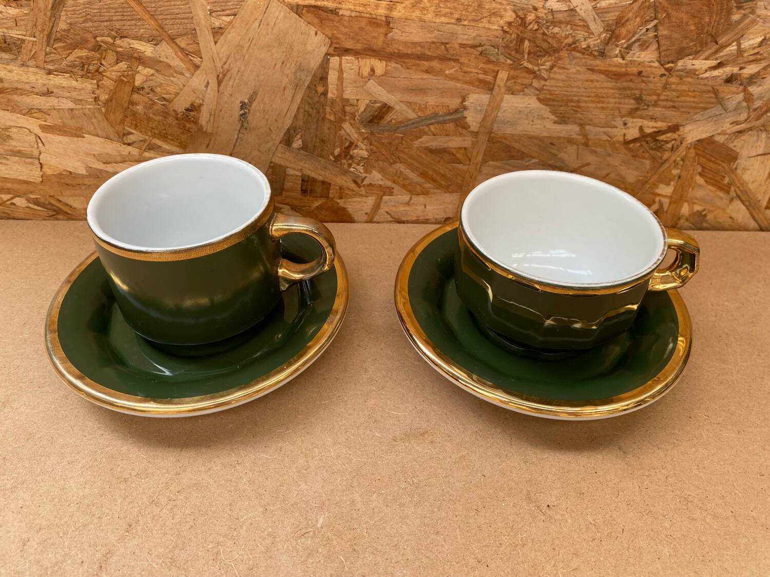 Pair of antique pillivuyt green & gold porcelain vintage cups