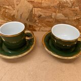 Pair of antique pillivuyt green & gold porcelain vintage cups