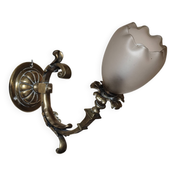 Bronze wall light with opaque glass tulip 1900