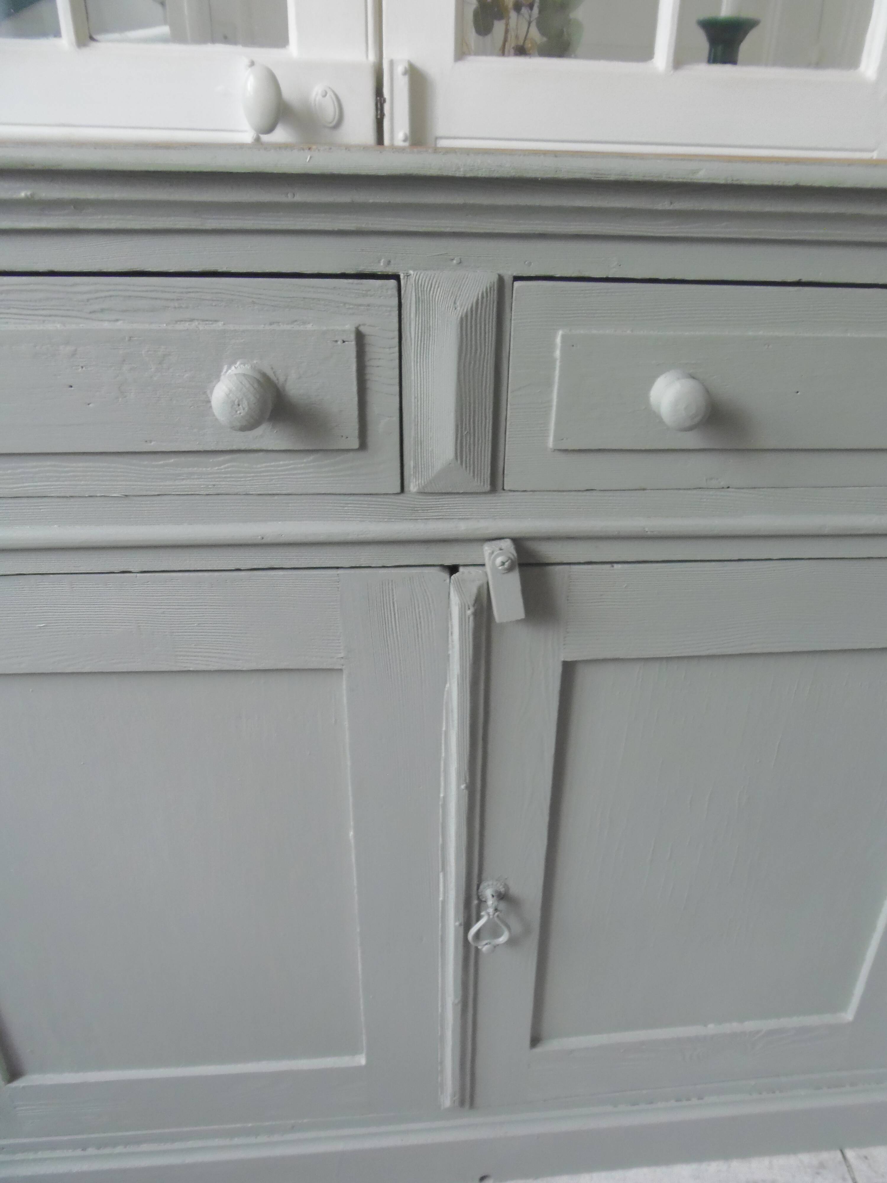 Antique sideboard enhanced in verdigris, wooden top.