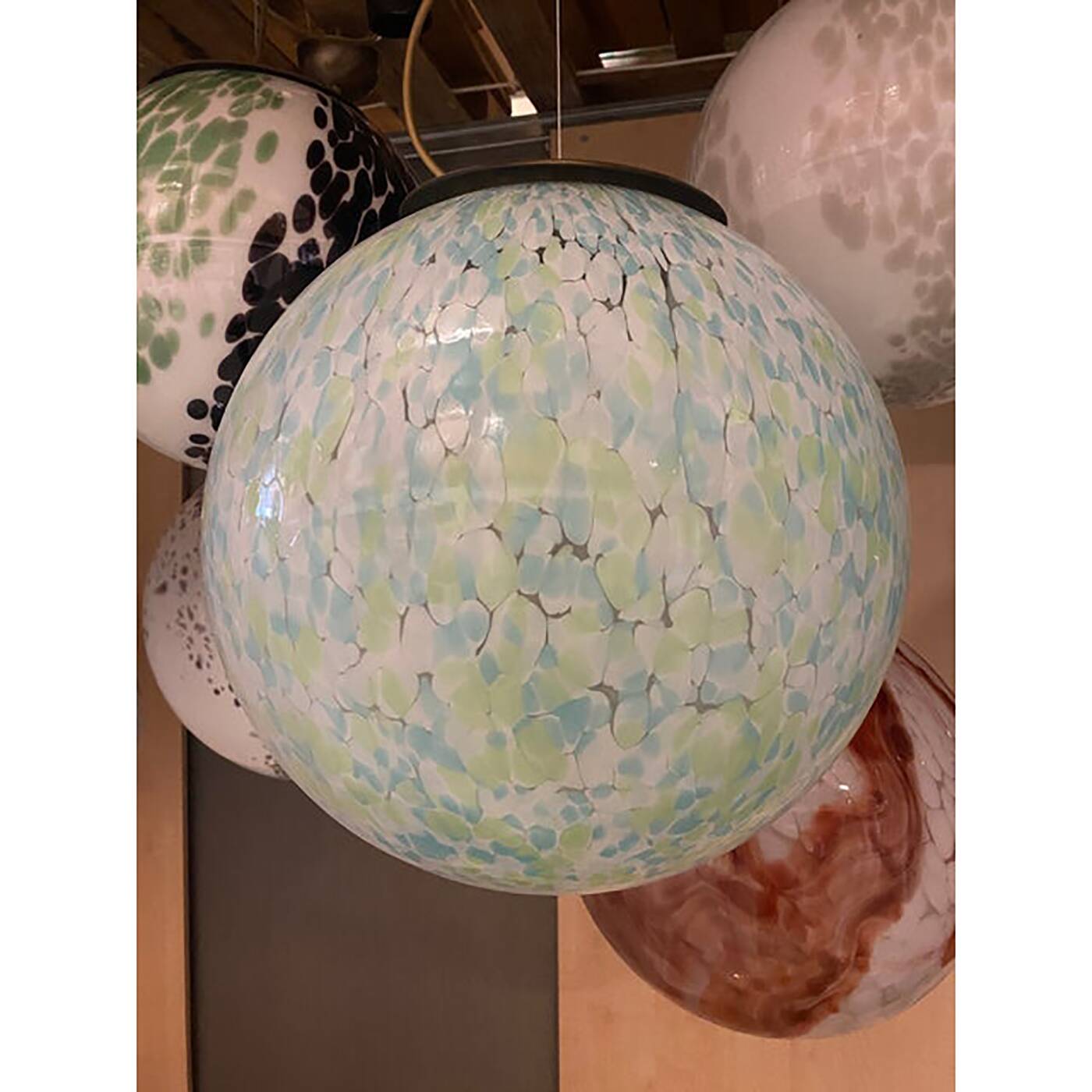 Contemporary Light Green Light Blue and White Swirling Sphere Pendant in Mu