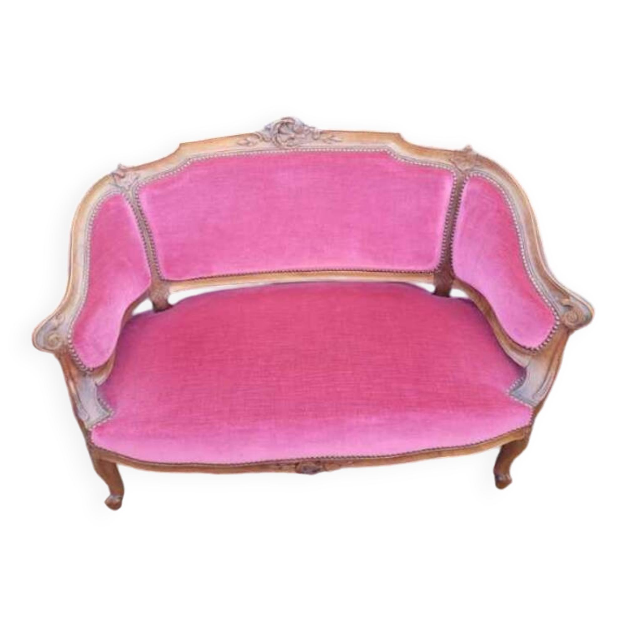 Small antique Louis XV style pink velvet loveseat bench