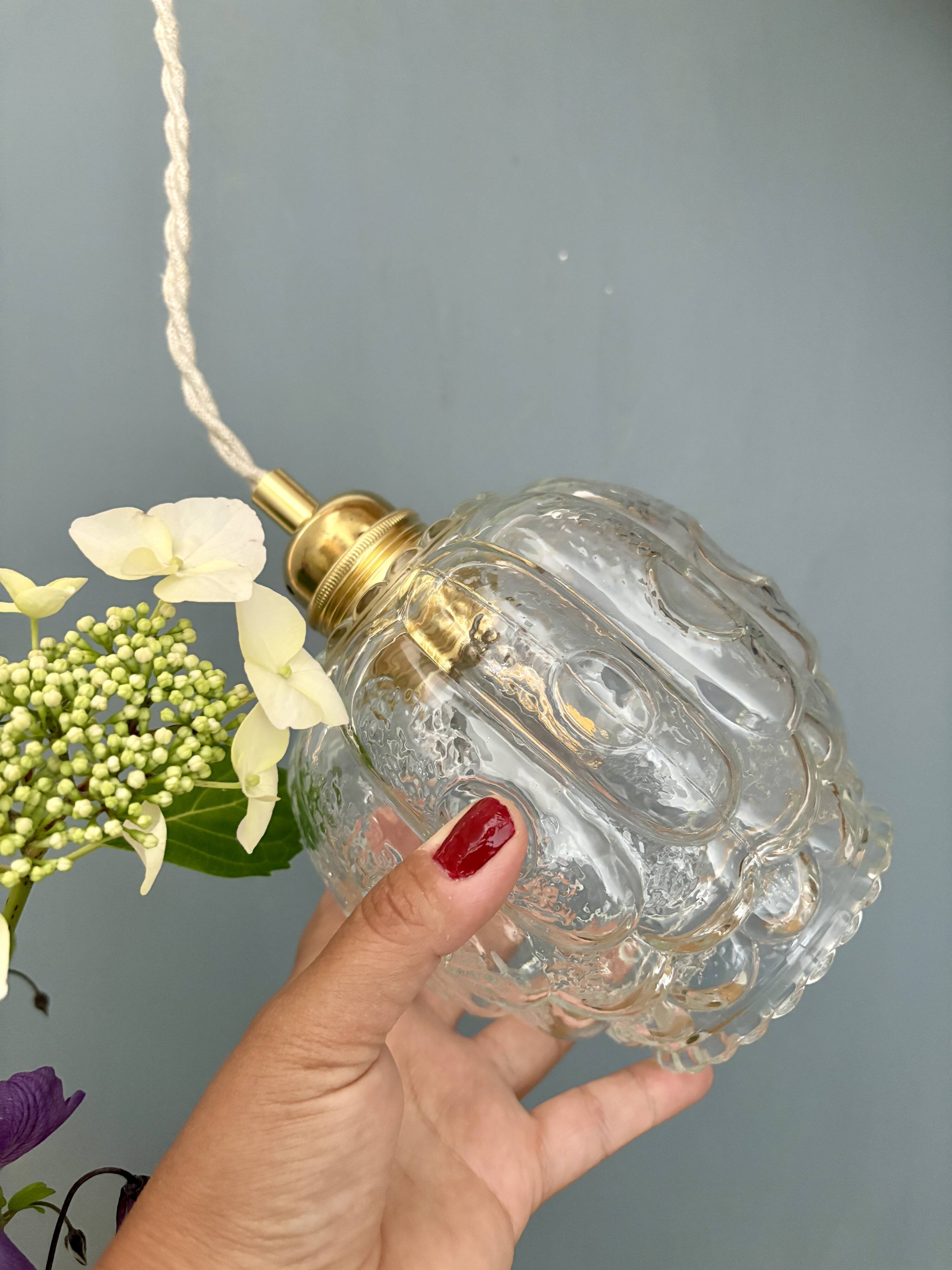 Vintage clear molded glass globe pendant light