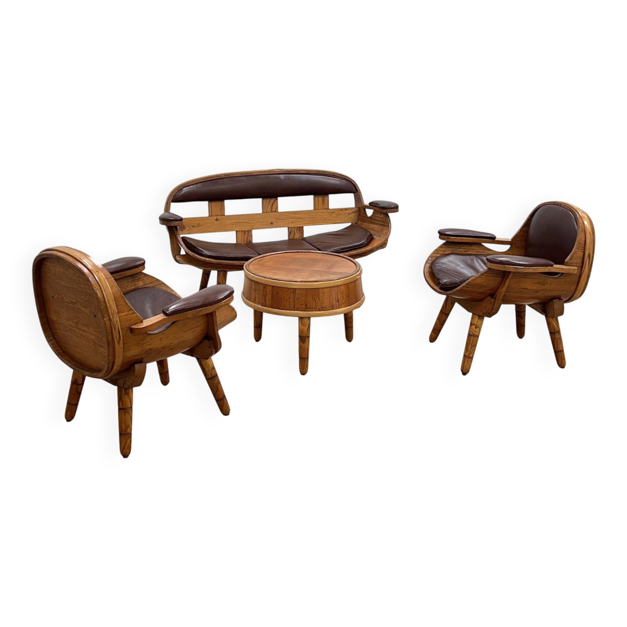 Rustic living room wooden barrel armchairs and sofa Italy 1970s