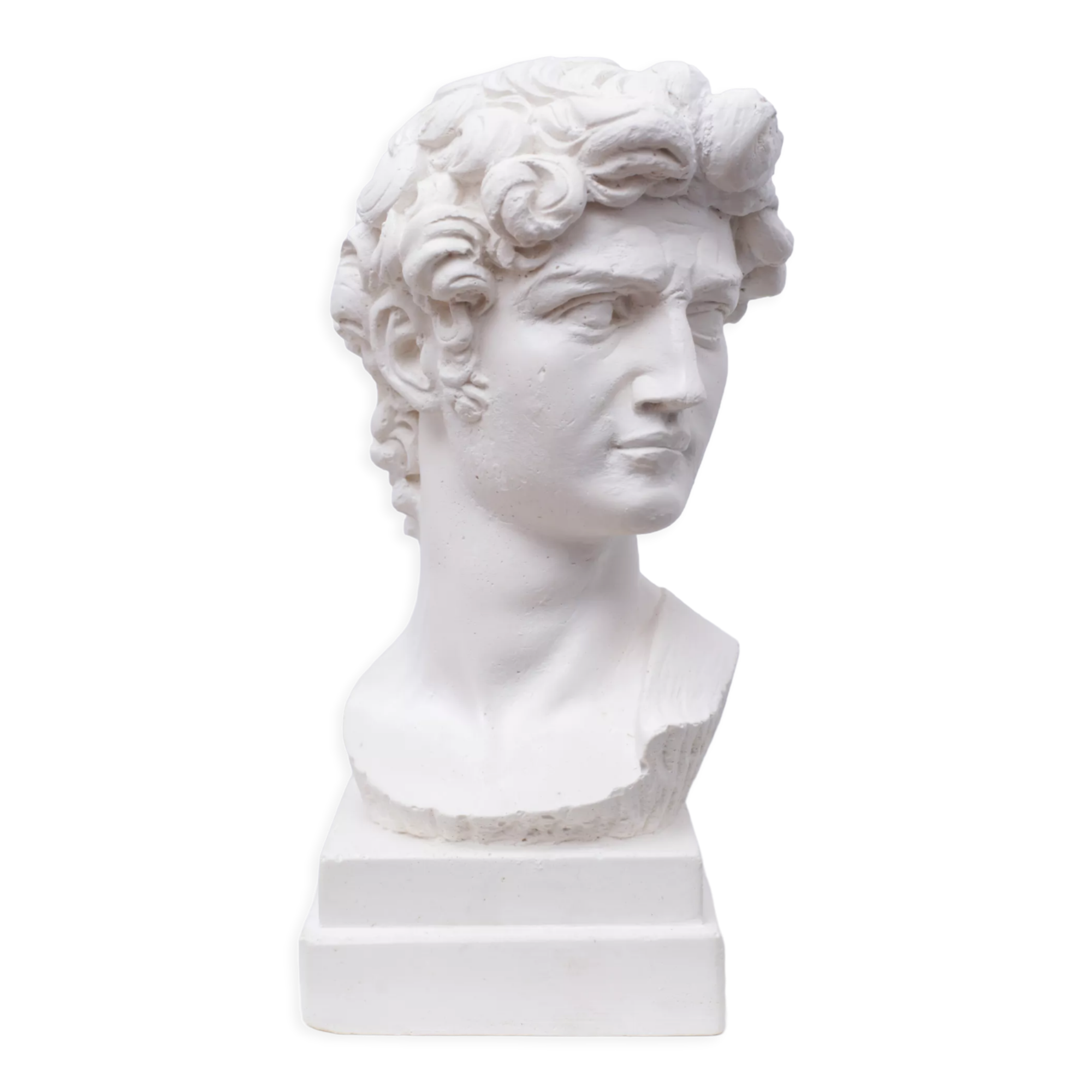 Head David in white plaster Roman Greek sculpture