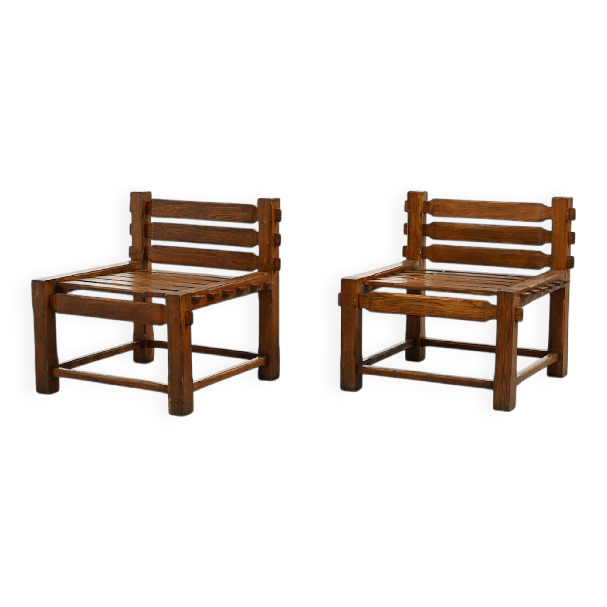 Pair of 1970s Brutalist Solid Oak Side Chairs