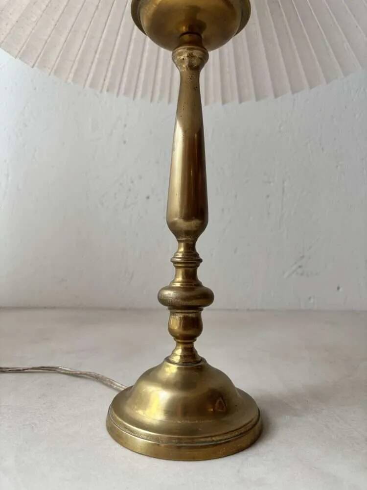 Brass table lamp with pleated shade, 1960s vintage design.