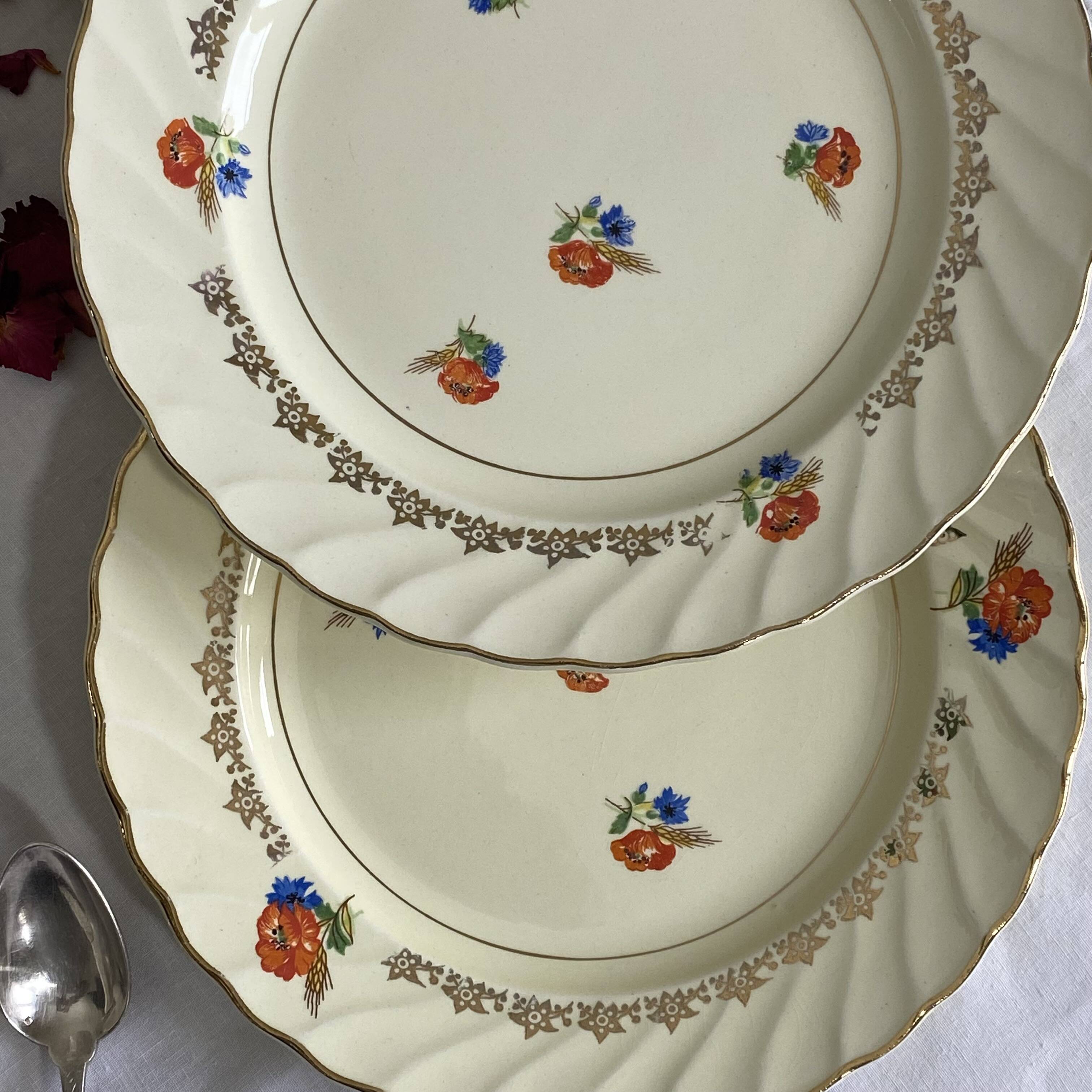 6 pale yellow earthenware dessert plates from Salins with flowers
