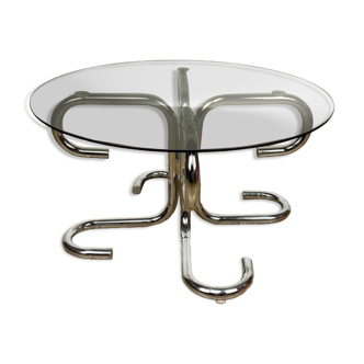 Table basse design tubulaire chrome et verre fumé Italie 70's