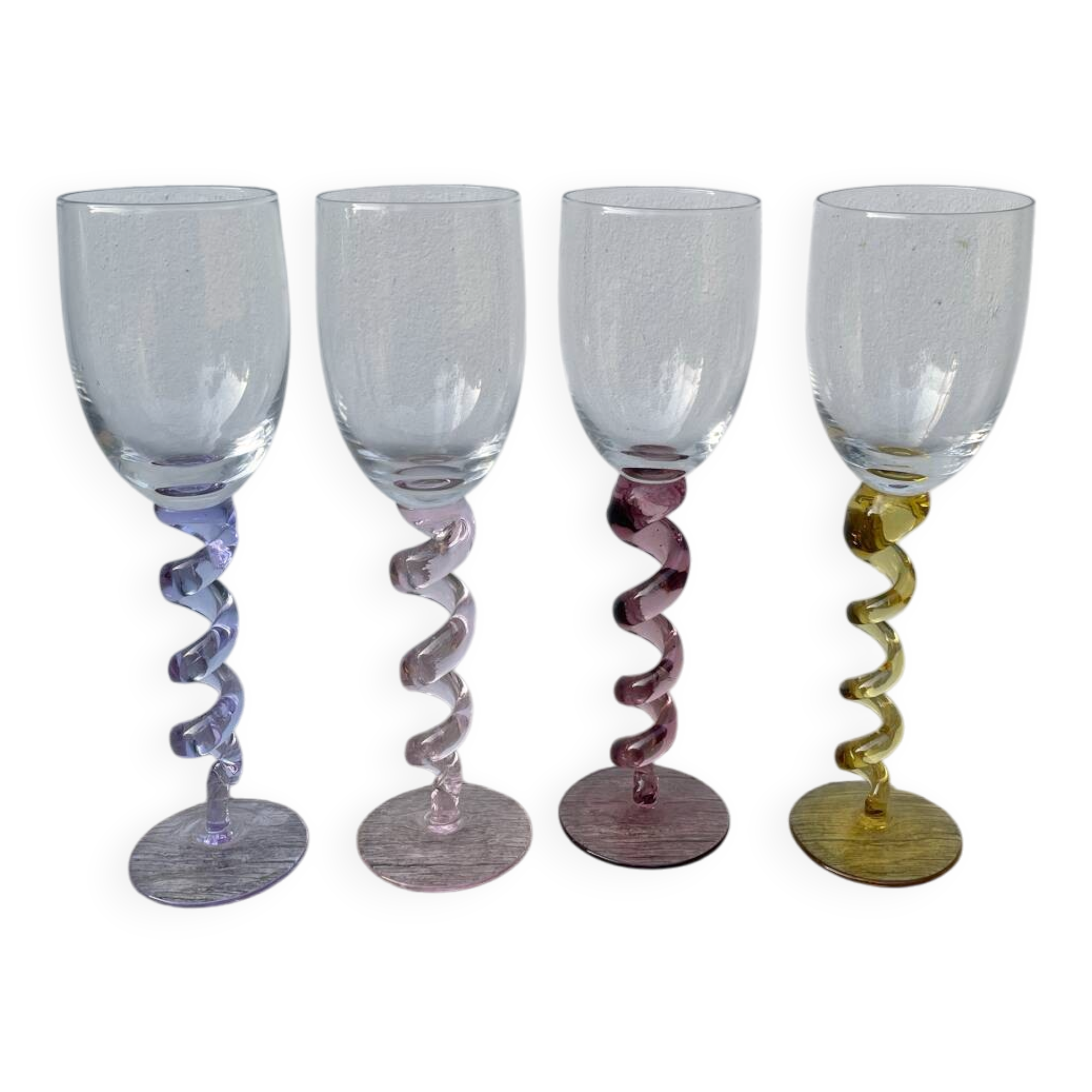 4 large, multicoloured, twisted champagne flutes